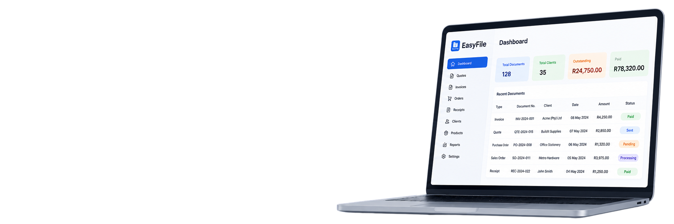 EasyFile dashboard shown on a laptop